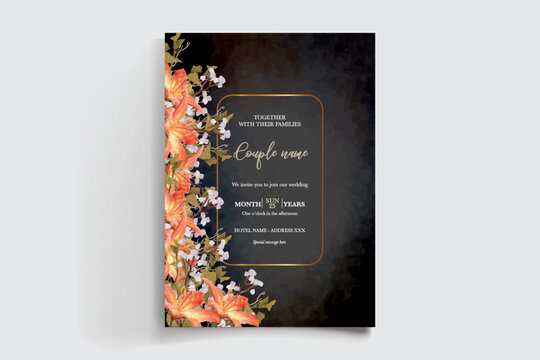 WEDDING INVITATION FRAME WITH FLOWER DECORATIONS AND FRESH LEAVES