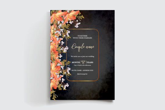 WEDDING INVITATION FRAME WITH FLOWER DECORATIONS AND FRESH LEAVES