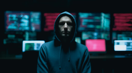 Poster - Mysterious Hacker: A hooded figure sits before a wall of computer screens displaying complex code, creating a sense of mystery and intrigue in the dark room.