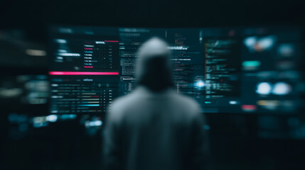 Poster - Cybersecurity Vigil: A hooded figure hunches over a screen, deeply engrossed in lines of code, their face obscured in the dim light.