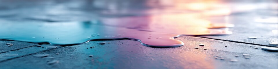 Poster - Vibrant reflections and intricate patterns on a puddle surface during twilight hours