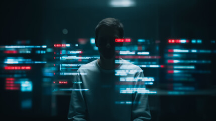 Poster - Mystery in the Digital Labyrinth: A solitary figure stands engulfed within a network of data, bathed in the cool glow of digital display.