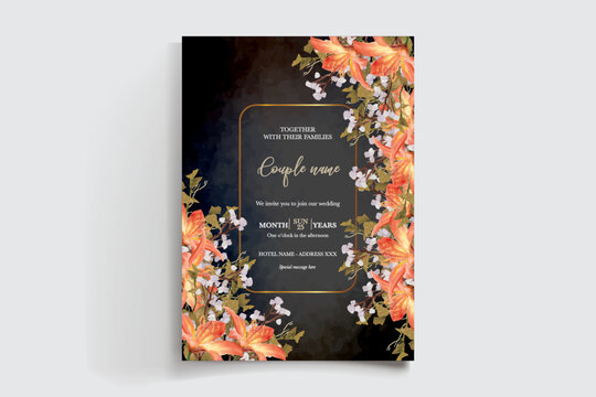 WEDDING INVITATION FRAME WITH FLOWER DECORATIONS AND FRESH LEAVES
