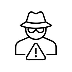 Poster - A line art icon of a figure in a hat and glasses next to an exclamation mark triangle. Use for cybersecurity blogs, fraud alerts, or online safety content.