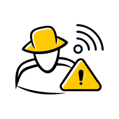 Poster - A stylized icon of a figure in a hat and sunglasses next to a yellow warning triangle. Use for cybersecurity blogs, online fraud alerts, or virus protection content.