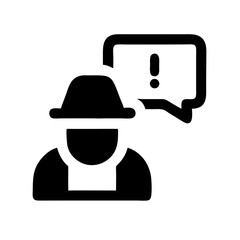 Poster - A solid black icon of a figure in a hat with a speech bubble containing an exclamation mark. Use for cybersecurity warnings, anonymous messages, or online threats content.