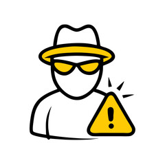 Poster - A stylized icon of a figure in a hat and sunglasses next to a yellow warning triangle. Use for cybersecurity blogs, online fraud alerts, or virus protection content.