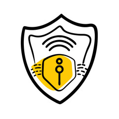 Aufkleber - doodle-style shield icon containing a signal and a location pin, symbolizing secure connection or protected location services, ideal for technology or security blogs.

