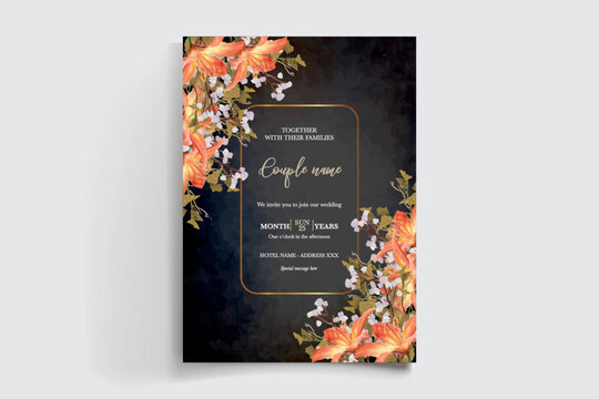 WEDDING INVITATION FRAME WITH FLOWER DECORATIONS AND FRESH LEAVES