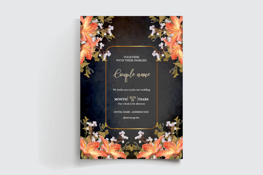 WEDDING INVITATION FRAME WITH FLOWER DECORATIONS AND FRESH LEAVES