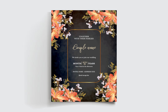 WEDDING INVITATION FRAME WITH FLOWER DECORATIONS AND FRESH LEAVES