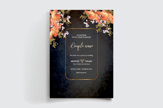 WEDDING INVITATION FRAME WITH FLOWER DECORATIONS AND FRESH LEAVES