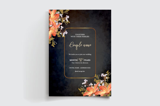 WEDDING INVITATION FRAME WITH FLOWER DECORATIONS AND FRESH LEAVES