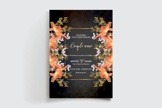 WEDDING INVITATION FRAME WITH FLOWER DECORATIONS AND FRESH LEAVES