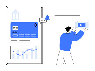 Poster - Smartphone banking interface with analytics graph, notification, user interacting with media screen. Ideal for finance, technology, education, marketing, communication, analytics simple landing page