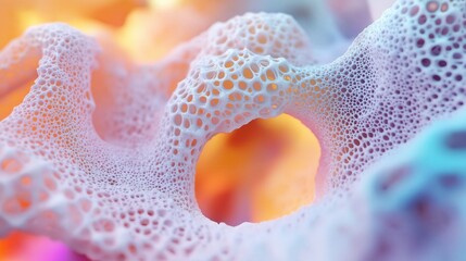 Poster - Colorful abstract foam structure with soft organic curves, fluid holes, and a pastel palette forming a surreal porous 3D texture