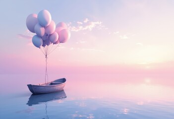 Poster - A serene boat floating on calm waters, adorned with pastel balloons