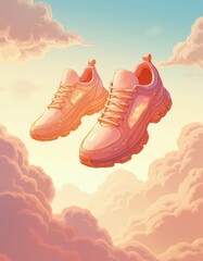 Poster - Stylish sneakers floating among pastel clouds, representing modern fashion