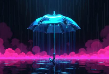 Poster - Vibrant umbrella reflecting in water with neon rain and clouds