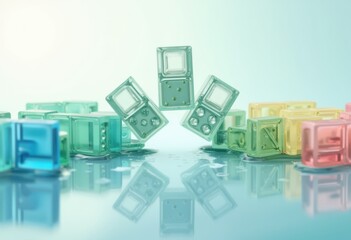 Poster - Colorful translucent blocks arranged artistically on a reflective surface