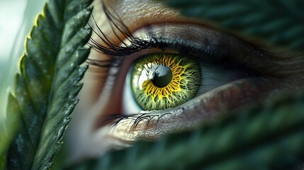 Wall Mural - Eye-catching green eye surrounded by leaves nature scene close-up shot vibrant colors artistic perspective
