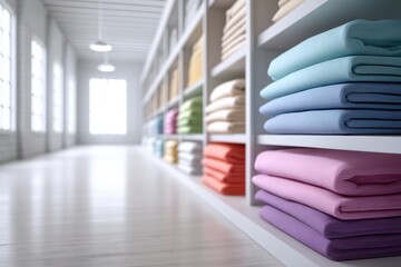 Poster - Bright room showcasing neatly organized bedding sets, perfect for interior decor inspiration and copy space