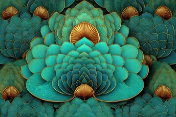 Poster - Vibrant Abstract Floral Pattern with Teal and Gold, Intricate Lotus Inspired Design, Modern Digital Art Background for Creative Projects