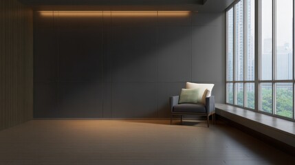 Poster - Serene Modern Interior with Single Chair and Large Windows Overlooking Cityscape, Soft Natural Light in Minimalist Room