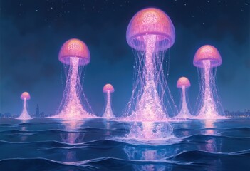 Poster - Ethereal jellyfish glowing in a mystical ocean at night