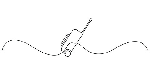 Poster - Suitcase in one continuous line art drawing style. Single line drawing of case, luggage bag with wheels isolated on white background. Vector illustration