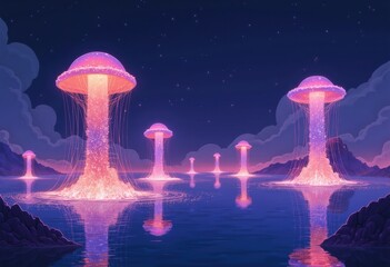 Poster - Ethereal jellyfish illuminating a tranquil ocean at night