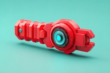 Poster - Unique red technological device with glowing blue light on clean teal background