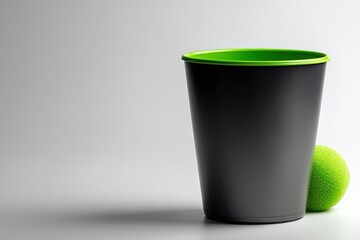 Poster - Brightly colored cup with green rim beside a soft green ball on a gray background