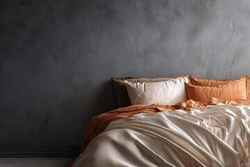 Poster - Cozy bedroom with warm colors featuring soft bedding against a textured gray wall