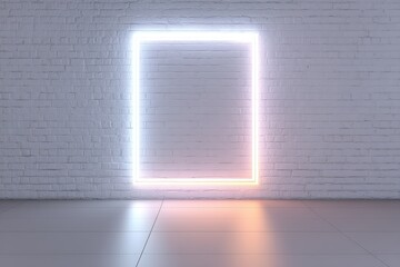 Poster - A square neon frame glows on a white brick wall in a minimal, modern interior space.