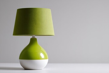 Poster - Modern green lamp on a minimalist table against a light gray wall in a bright room
