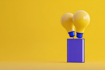 Poster - Bright ideas emerge from a purple book with two yellow light bulbs on a vibrant yellow background
