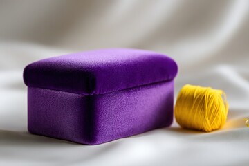 Poster - Purple velvet box sits beside a spool of yellow thread on a soft surface, showcasing a contrast in color and texture, ideal for crafting projects