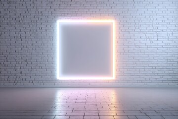 Poster - A square neon frame glows on a white brick wall in a minimal, modern interior space.