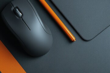 Poster - Modern workspace setup featuring a black mouse and orange pen on a dark desk surface