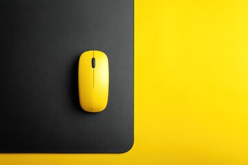 Poster - Bright yellow computer mouse on a black mouse pad against a vibrant yellow backdrop