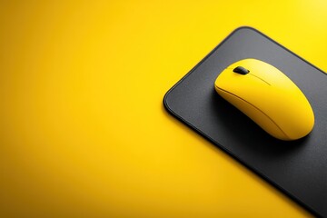 Poster - Bright yellow computer mouse on a black mouse pad against a vibrant yellow backdrop