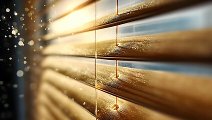 Poster - A close-up view of wooden blinds with sunlight filtering through, creating a warm and inviting ambiance. Perfect for home decor and interior design themes.