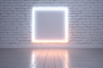 Poster - A square neon frame glows on a white brick wall in a minimal, modern interior space.