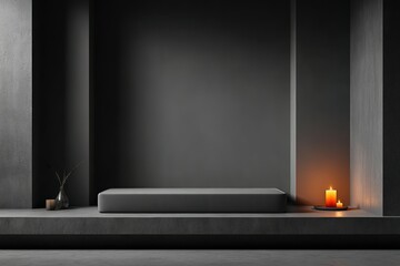 Poster - Modern minimalistic interior design featuring a gray platform, candles, and simple decor in a tranquil setting
