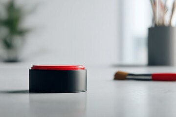 Poster - Makeup container on a minimalist workspace with a brush and plant in the background