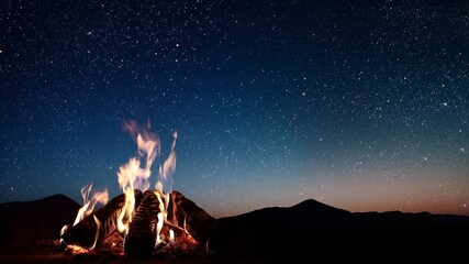 Wall Mural - a bonfire burns at night against the background of mountains and sea with bright stars..