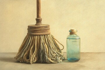 Poster - Mop and glass bottle on a wooden surface in a minimalistic setting with natural light