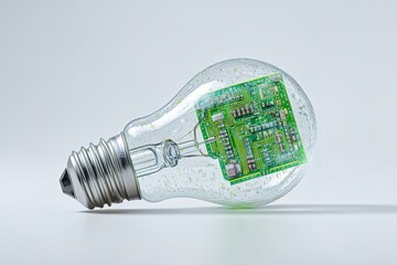 Poster - Light bulb encasing a green circuit board symbolizes the merger of technology and energy innovation