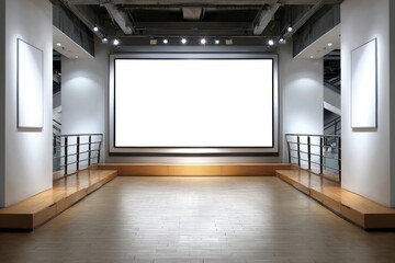 Poster - A modern, empty art gallery with blank white canvases on the walls and polished wooden floors under bright lighting.